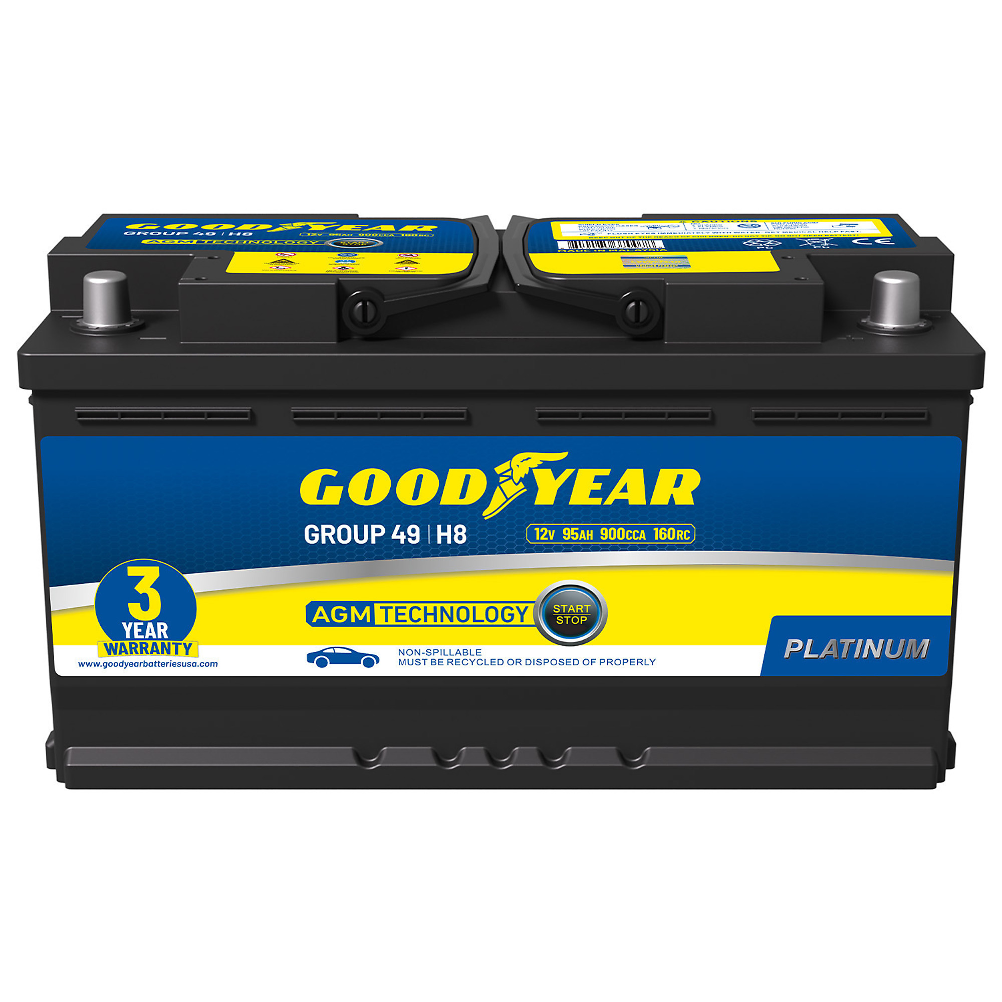 Goodyear Platinum Series Automotive Battery — 12V, 95Ah, 160 RC, 900 CCA, AGM, Maintenance-Free, Model# GY4140751